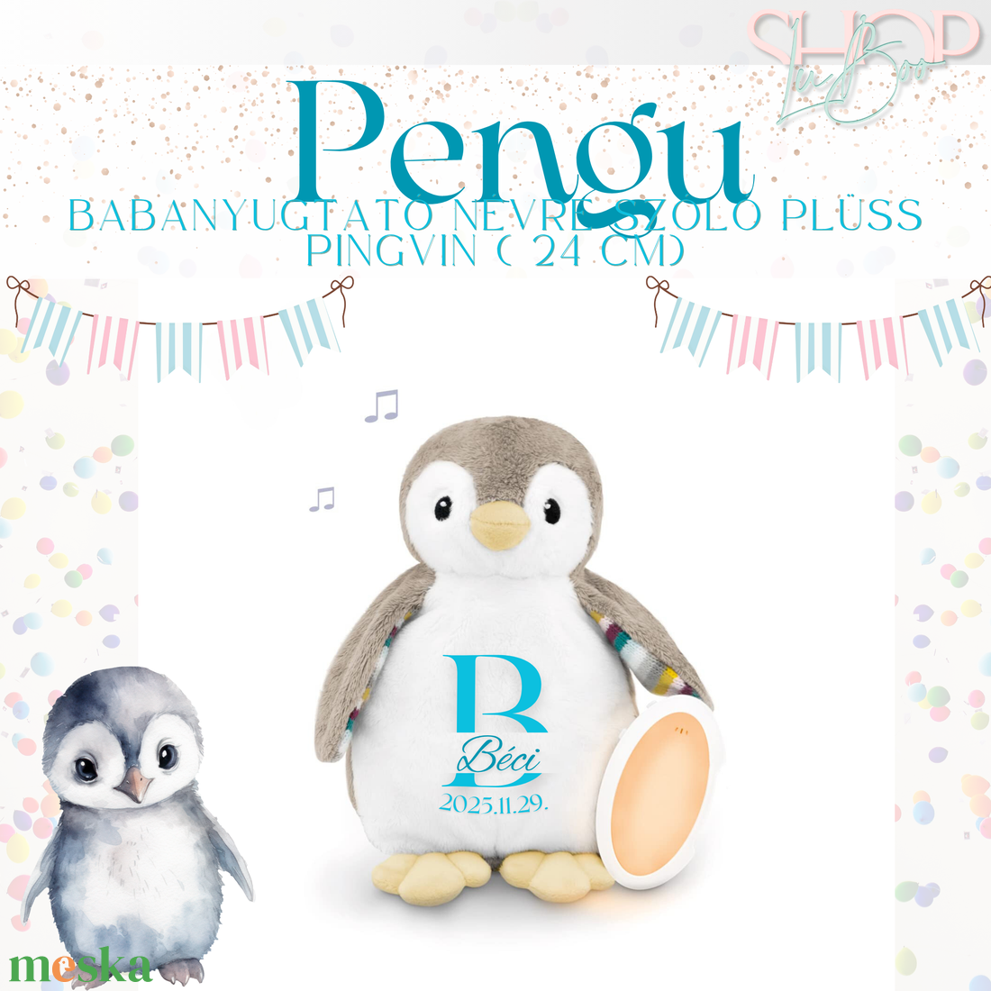Pengu - Babanyugtató éjjeli fénnyel és zenélő névre szóló plüss pingvin ( 24 cm) - játék & sport - plüssállat & játékfigura - más figura - Meska.hu