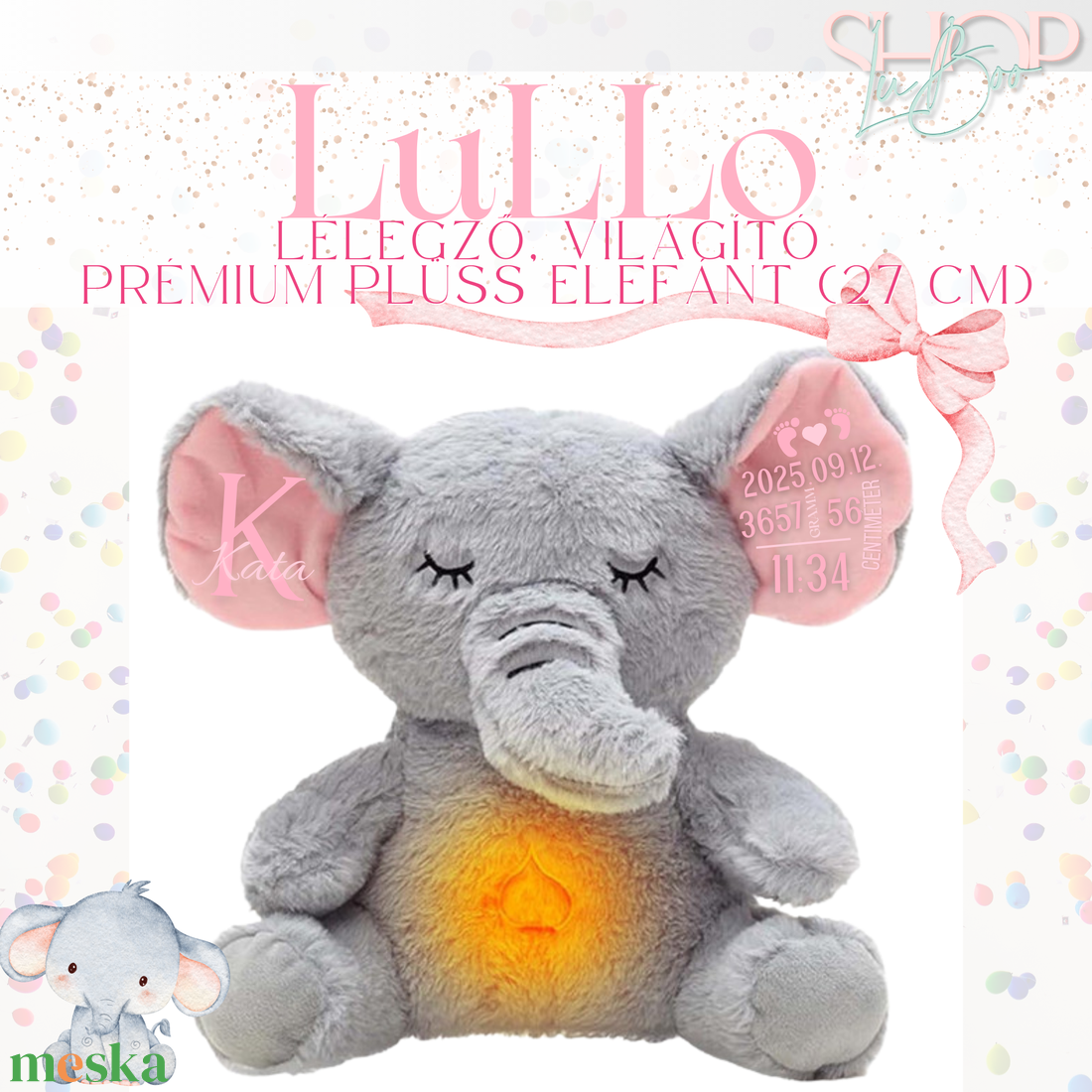 LuLLo - Lélegző, világító prémium plüss elefánt (27 cm) - játék & sport - plüssállat & játékfigura - elefánt - Meska.hu