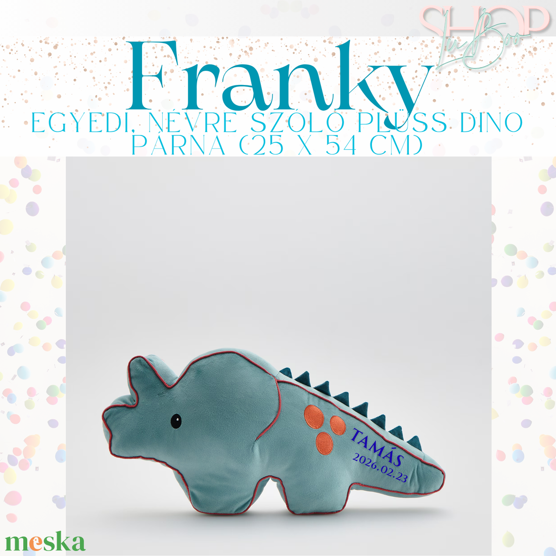 Franky - Egyedi, névre szóló plüss dino párna (25x54 cm) - otthon & életmód - lakástextil - párna & párnahuzat - forma párna - Meska.hu