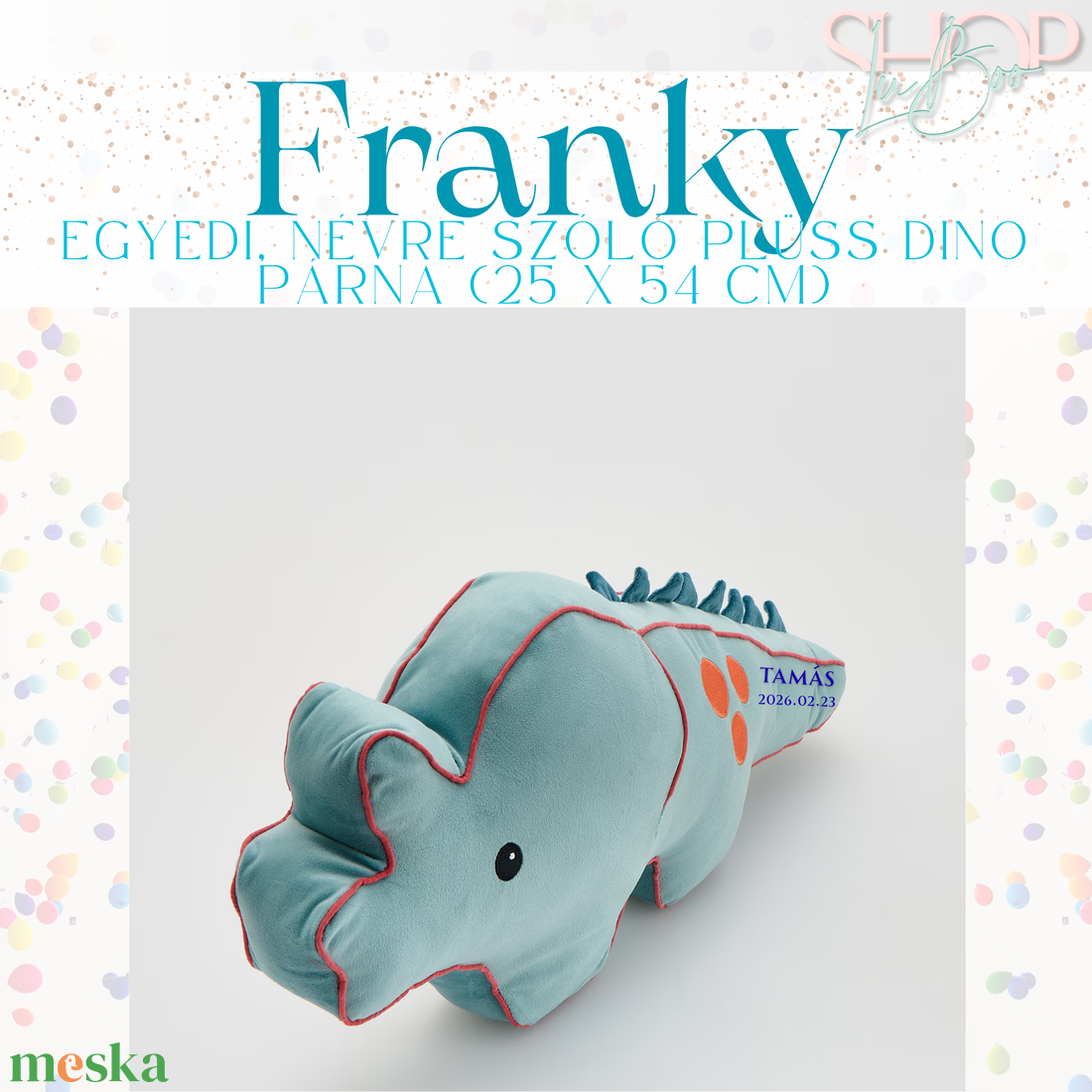 Franky - Egyedi, névre szóló plüss dino párna (25x54 cm) - otthon & életmód - lakástextil - párna & párnahuzat - forma párna - Meska.hu