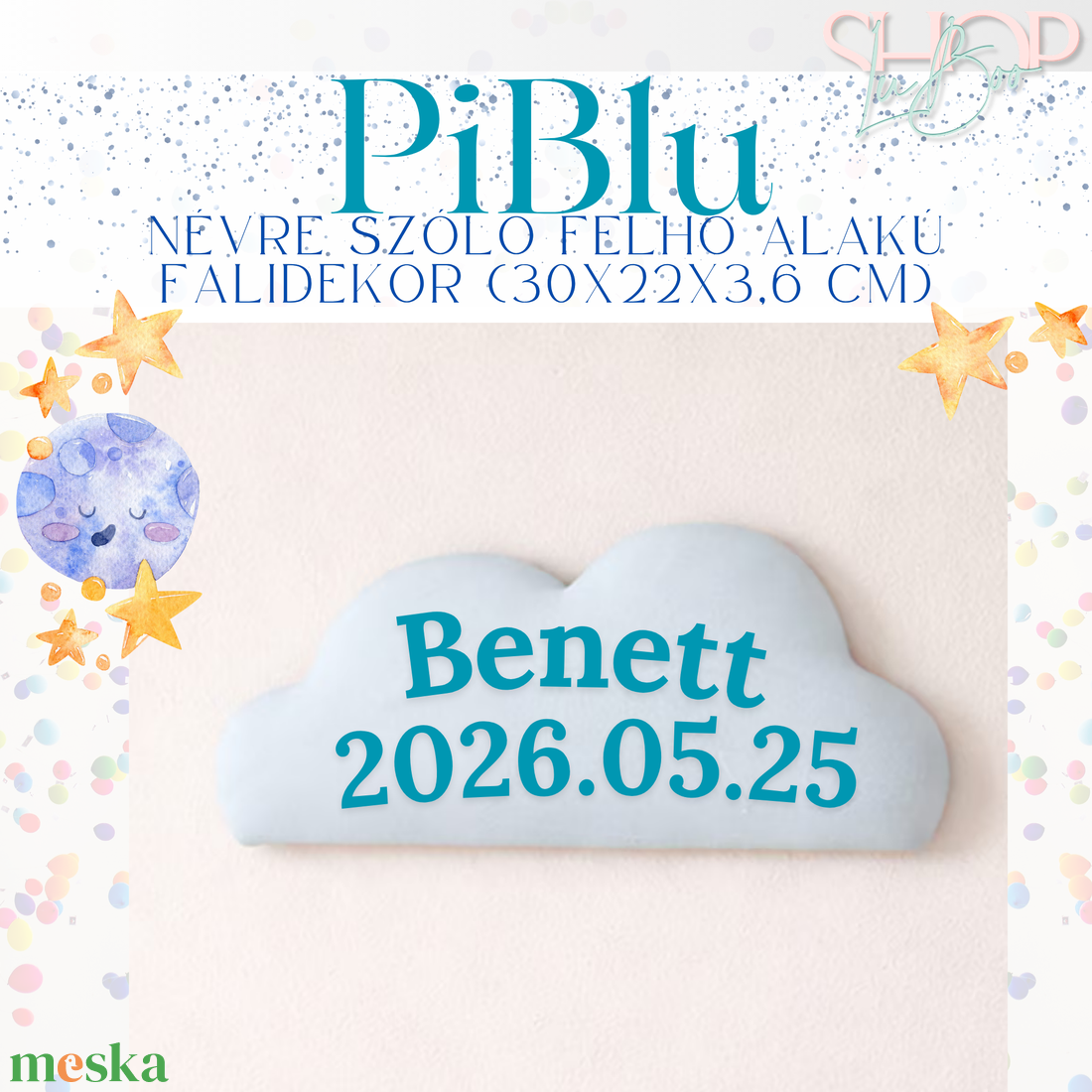 PiBlu - Névre szóló felhő alakú falidekor (30x22x3,6 cm) - baba - mama - babaszoba dekoráció - babanév dekoráció - Meska.hu