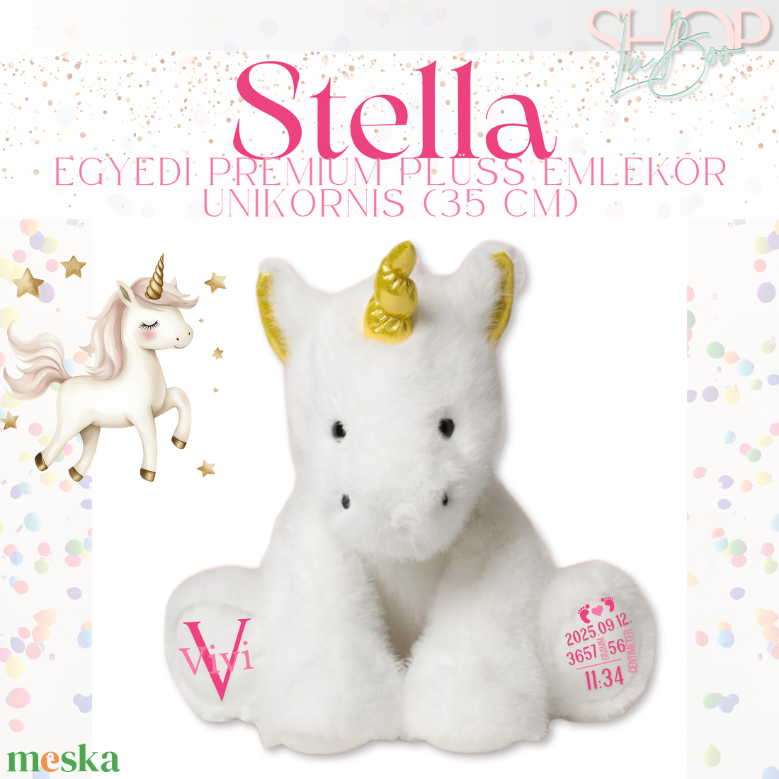 Stella - Egyedi prémium plüss emlékőr unikornis (35 cm) - baba - mama - babaemlékek - baba emlékőrző - Meska.hu