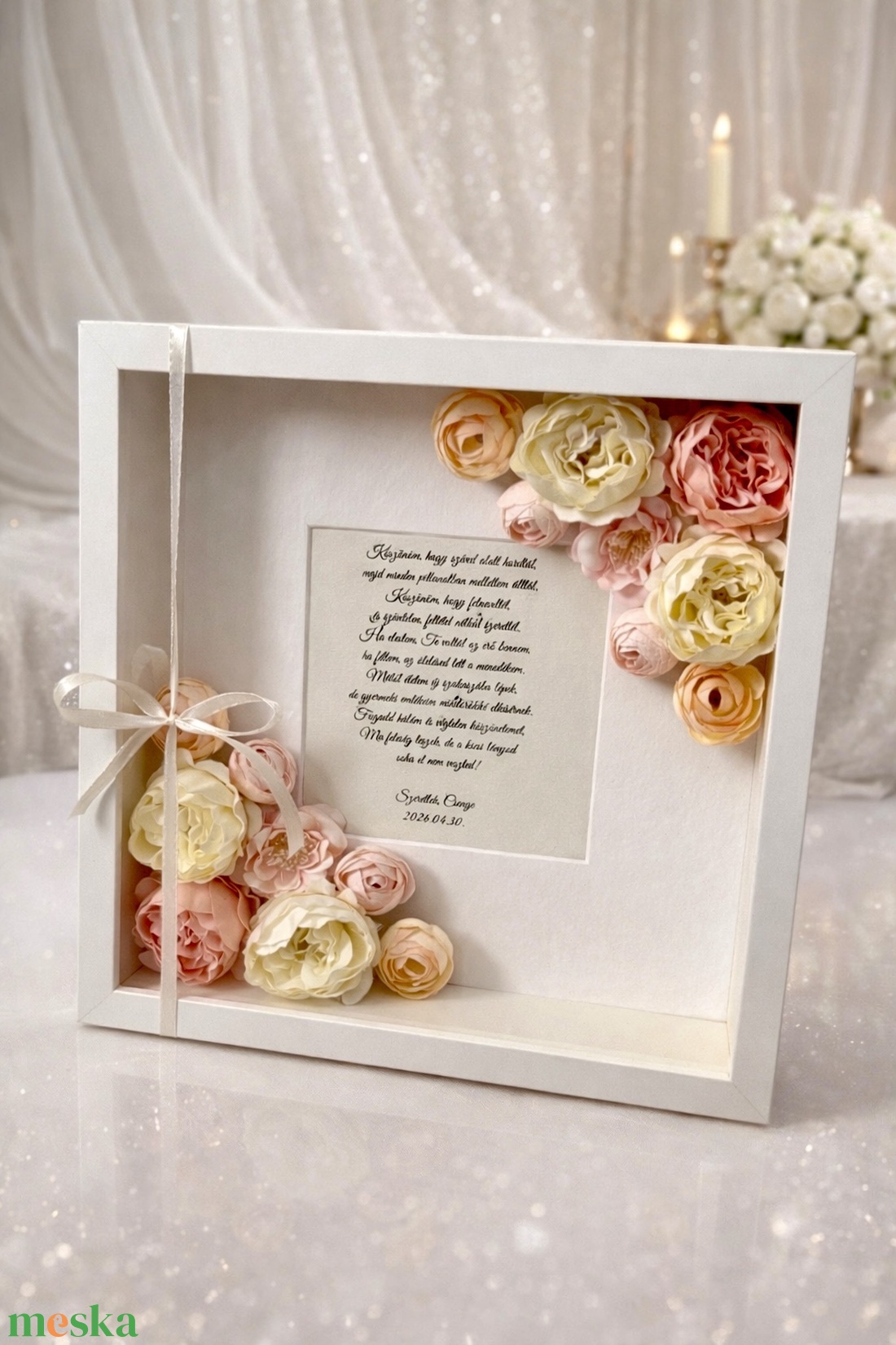 Szülőköszöntő virágos képkeret kedves üzenettel - sarkos elrendezés púderes színvilág - esküvő - emlék & ajándék - szülőköszöntő ajándék - Meska.hu