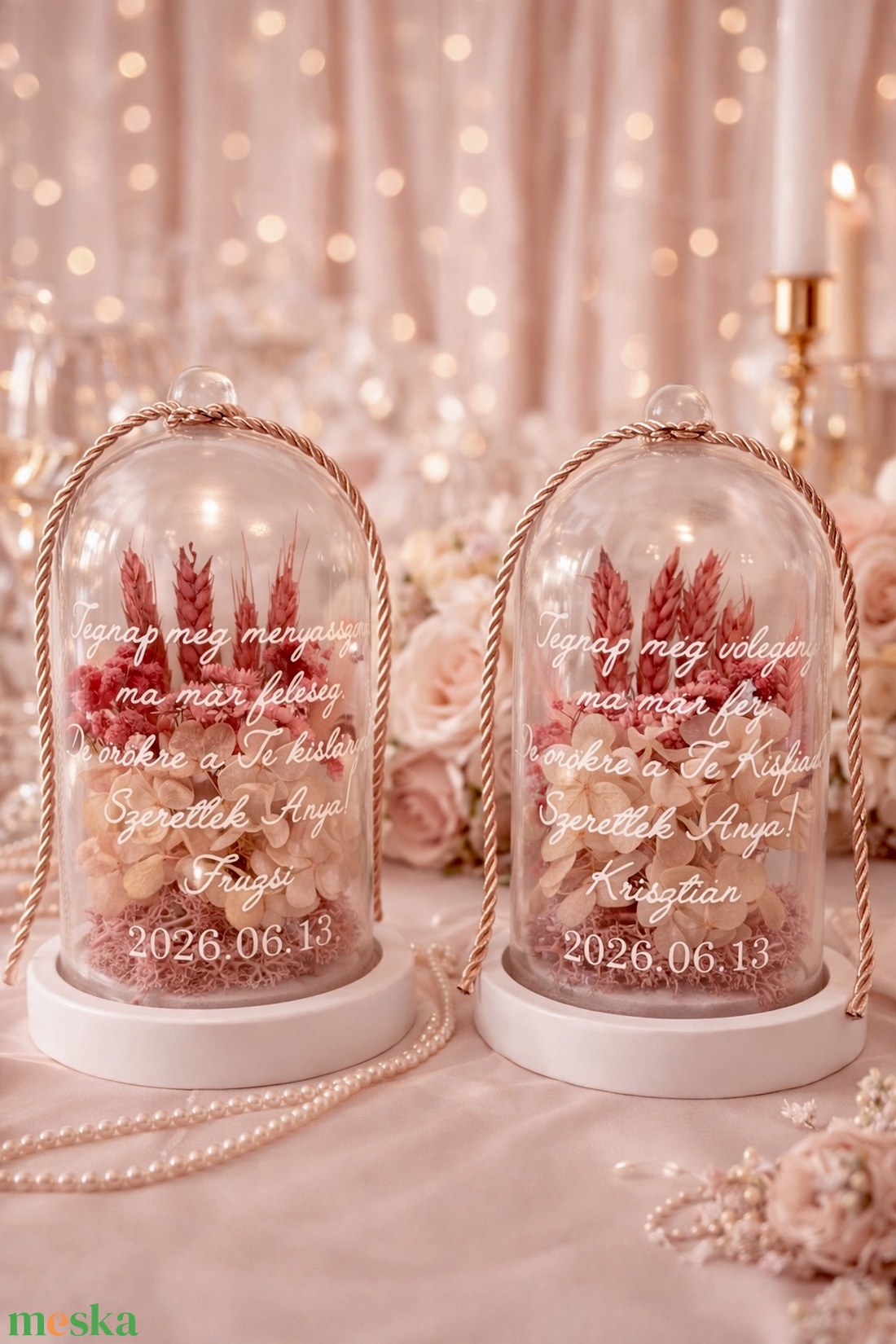 Szárazvirágos virágbúra egyedi üzenettel, szülőköszöntő ajándék - rózsaszín búzavirágos - esküvő - emlék & ajándék - szülőköszöntő ajándék - Meska.hu