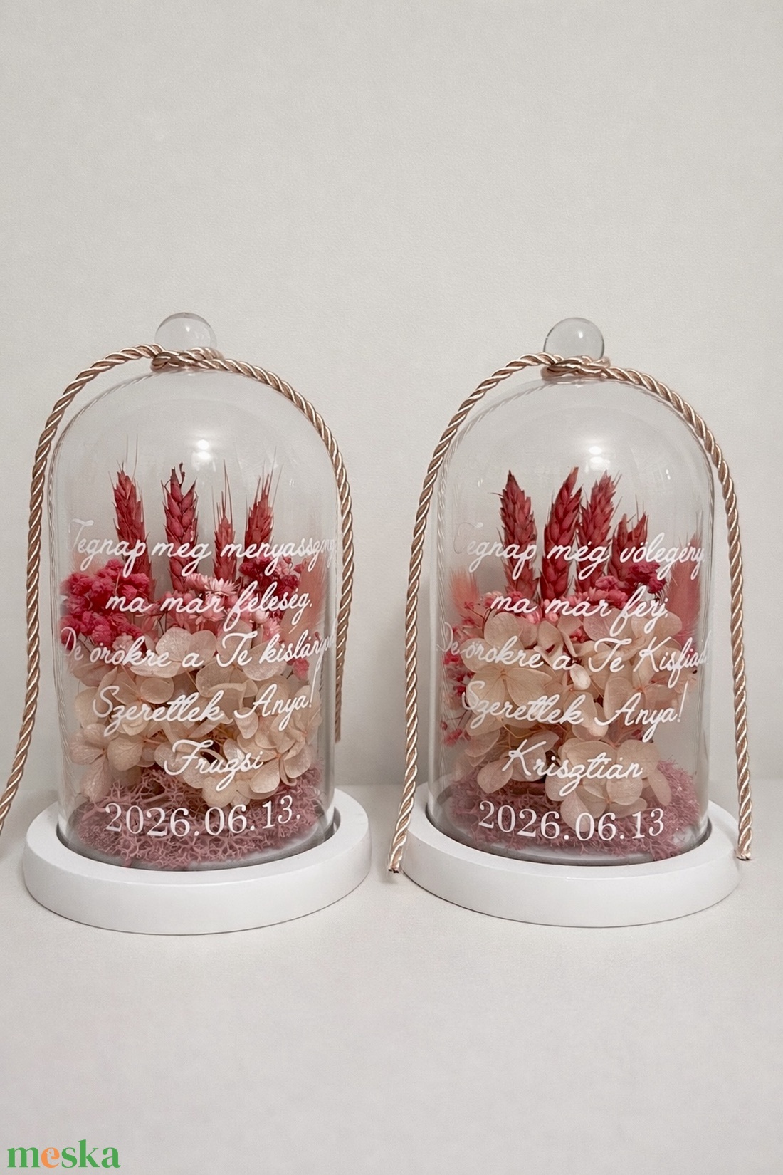 Szárazvirágos virágbúra egyedi üzenettel, szülőköszöntő ajándék - rózsaszín búzavirágos - esküvő - emlék & ajándék - szülőköszöntő ajándék - Meska.hu