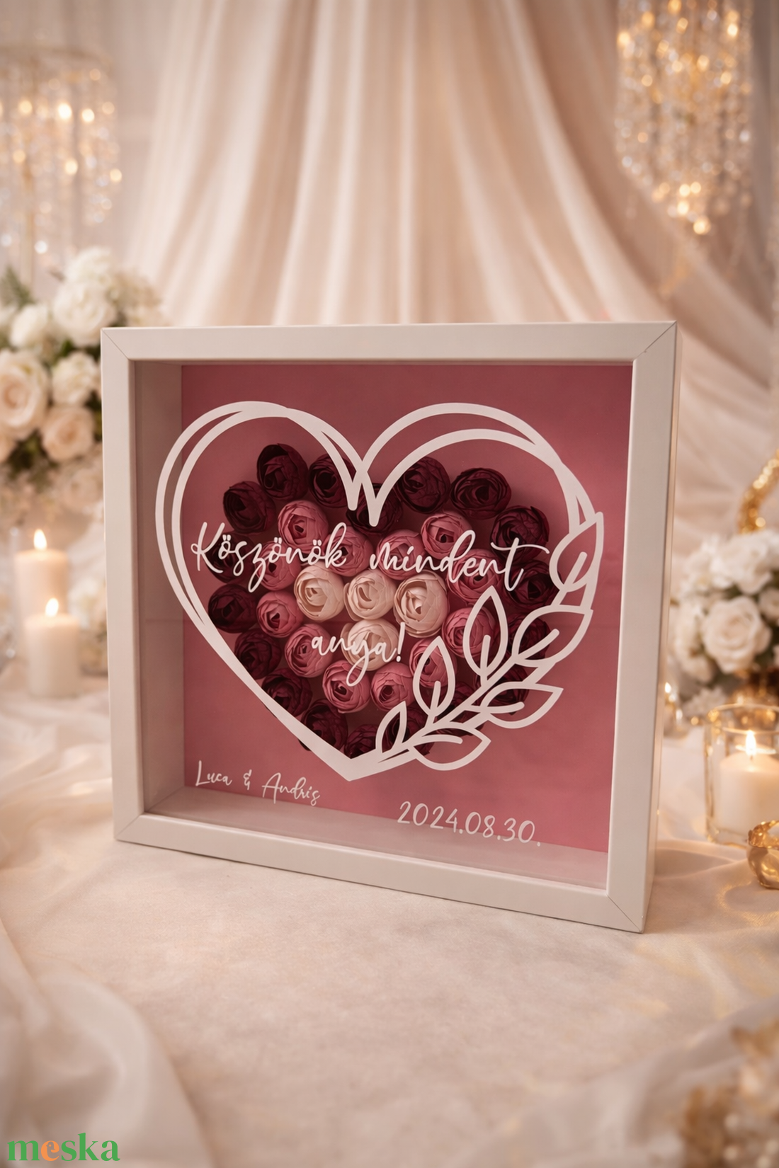 Szülőköszöntő ajándék SZÍV mintás mályva virágos képkeret - esküvő - emlék & ajándék - szülőköszöntő ajándék - Meska.hu
