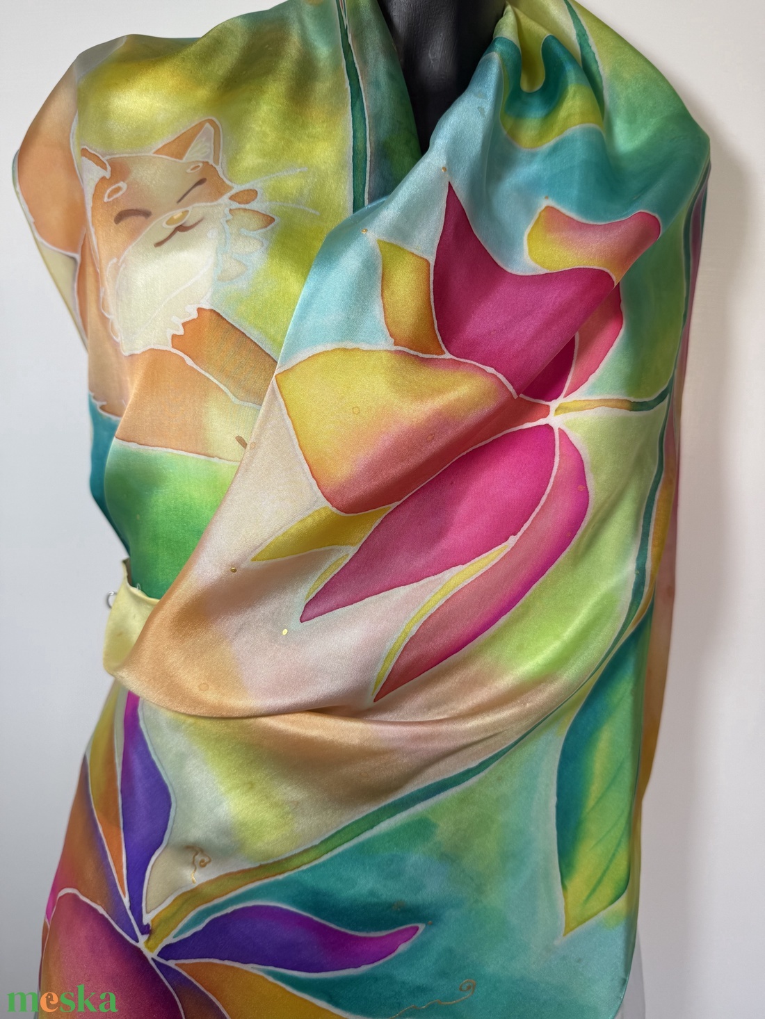 Mesés, kézzel festett selyemsál cicával � szivárvány színekben - ruha & divat - sál, sapka, kendő - stóla - Meska.hu
