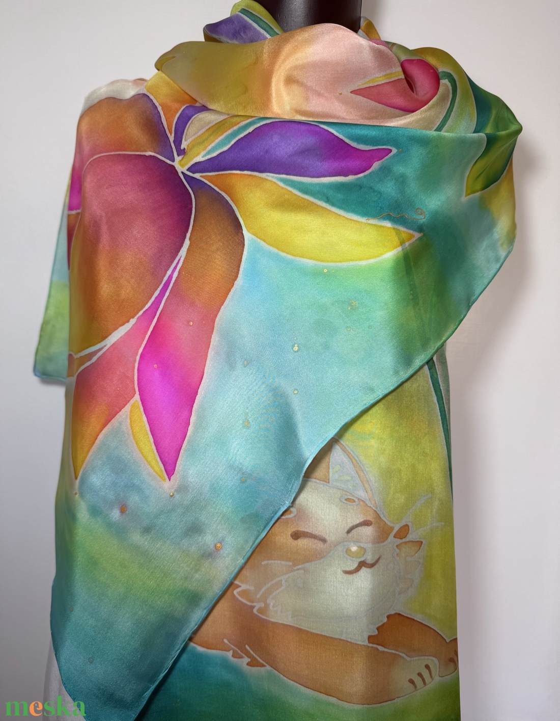Mesés, kézzel festett selyemsál cicával � szivárvány színekben - ruha & divat - sál, sapka, kendő - stóla - Meska.hu