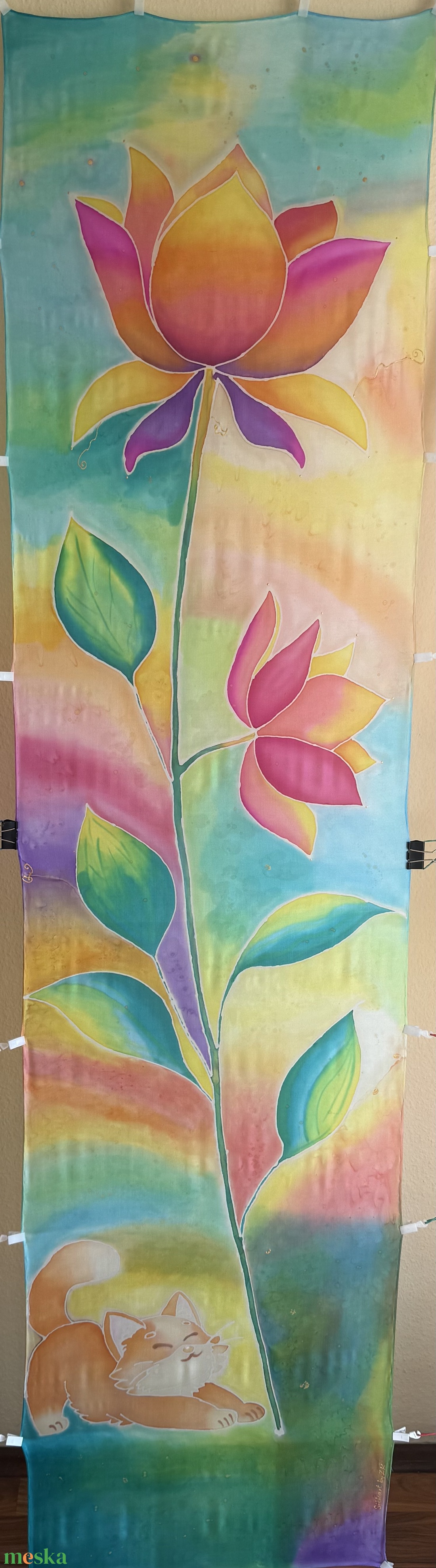 Mesés, kézzel festett selyemsál cicával � szivárvány színekben - ruha & divat - sál, sapka, kendő - stóla - Meska.hu