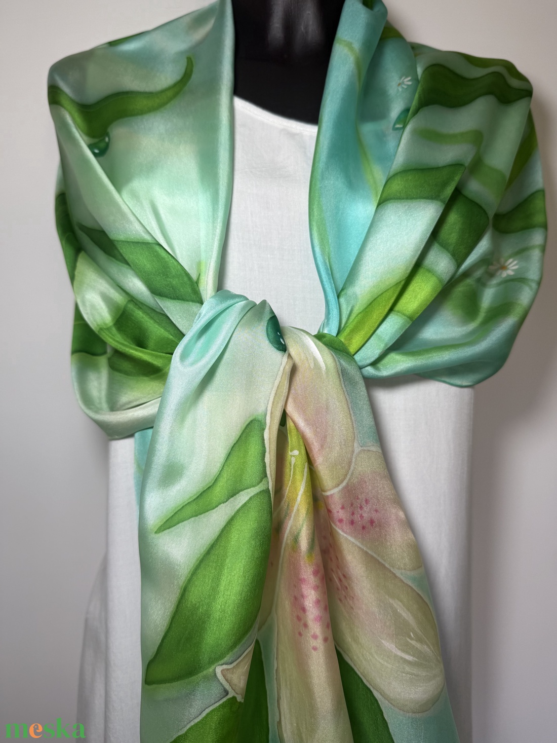 Harmatvirág kézzel festett selyemsál � zöld-türkiz elegancia - ruha & divat - sál, sapka, kendő - sál - Meska.hu