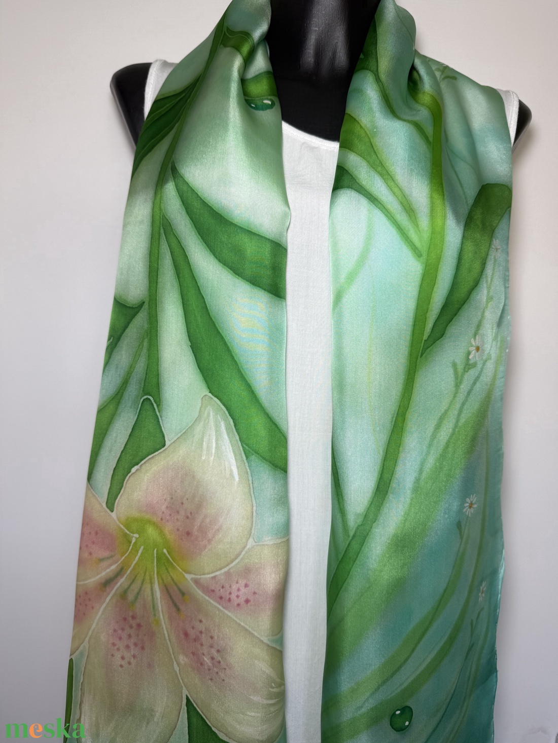 Harmatvirág kézzel festett selyemsál � zöld-türkiz elegancia - ruha & divat - sál, sapka, kendő - sál - Meska.hu