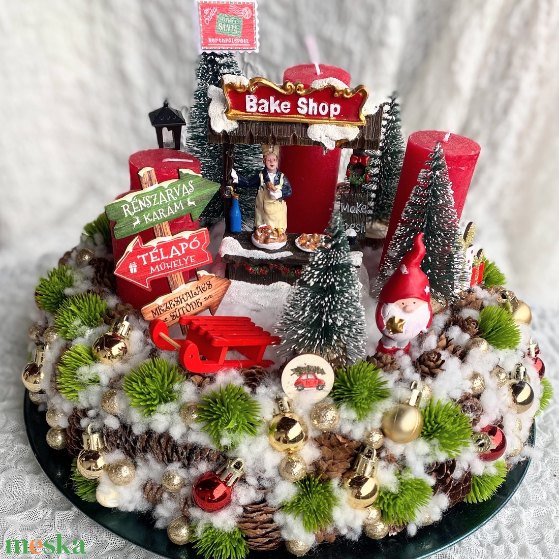 Világítós Karácsonyi falu Adventi koszorú asztaldísz - karácsony - adventi díszek - adventi koszorú - Meska.hu