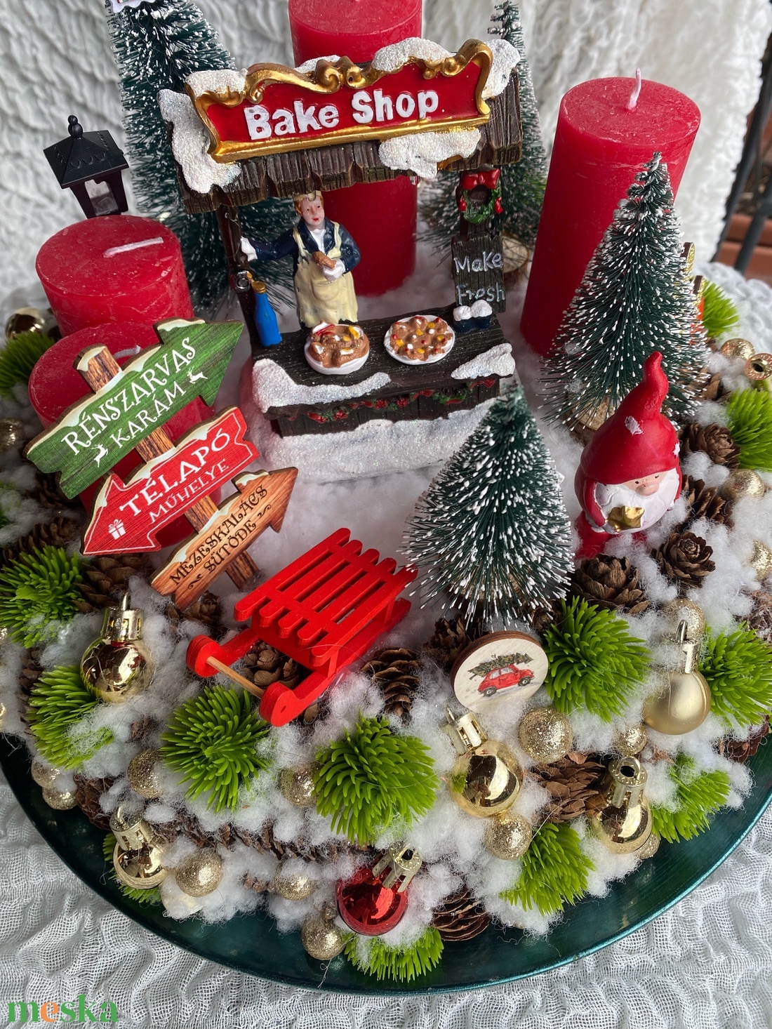 Világítós Karácsonyi falu Adventi koszorú asztaldísz - karácsony - adventi díszek - adventi koszorú - Meska.hu