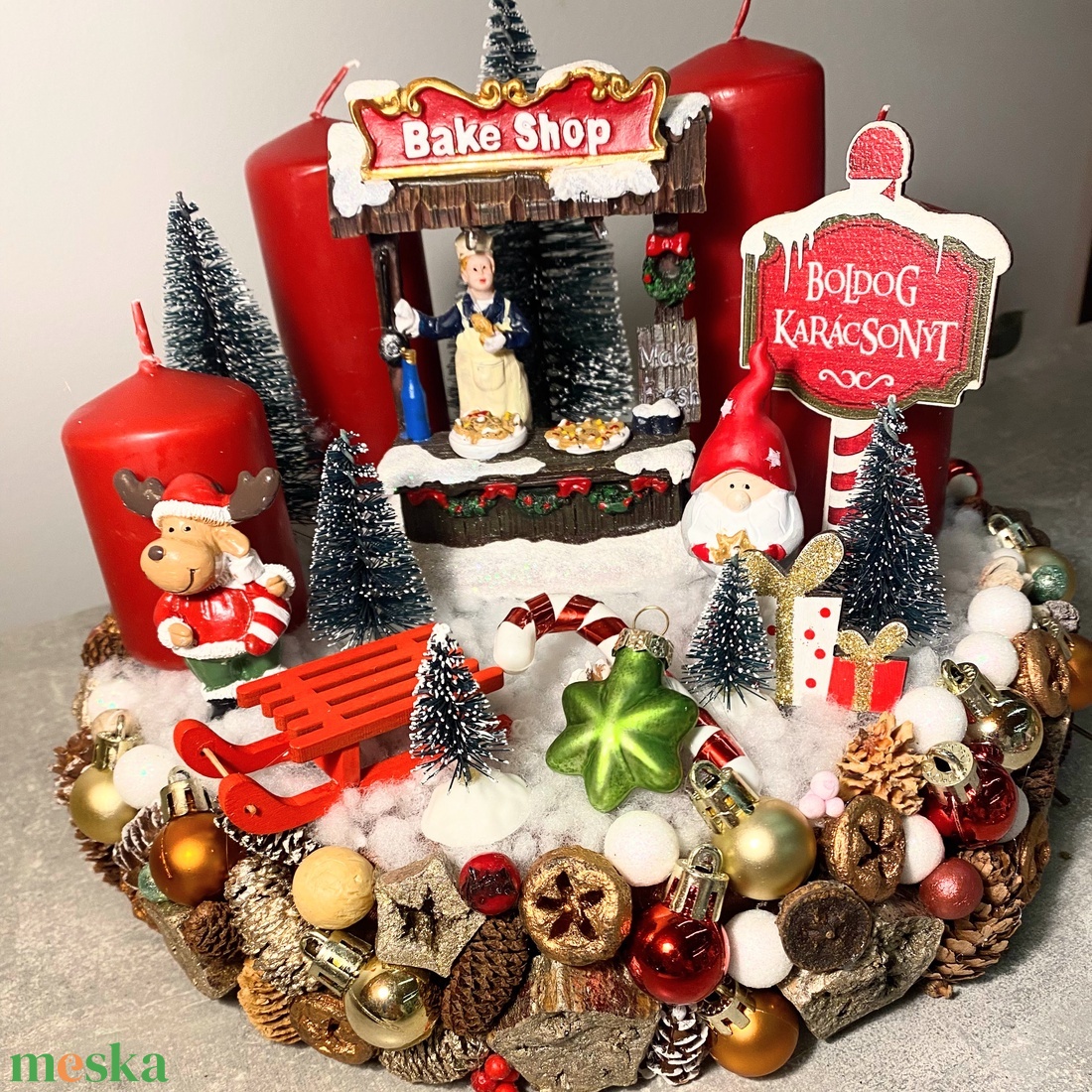 Világítós falusi udvar Adventi koszorú asztaldísz - karácsony - adventi díszek - adventi koszorú - Meska.hu