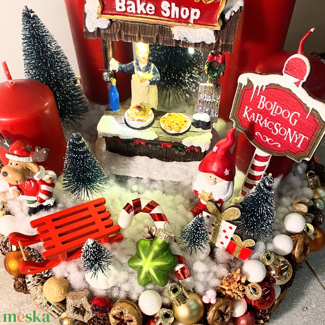 Világítós falusi udvar Adventi koszorú asztaldísz - karácsony - adventi díszek - adventi koszorú - Meska.hu