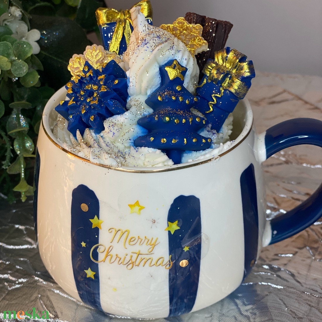Kék bögrés karácsonyi desszert gyertya szójaviasz - otthon & életmód - gyertya, illat, aroma - gyertya - Meska.hu