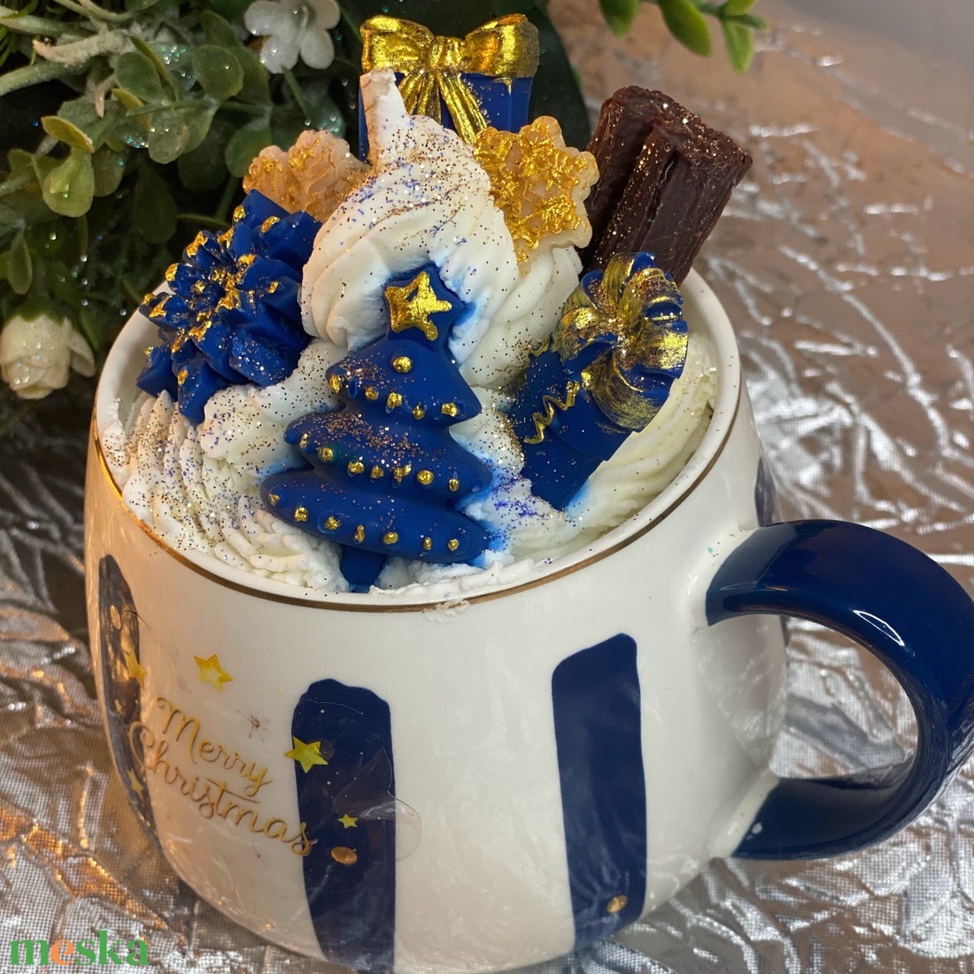 Kék bögrés karácsonyi desszert gyertya szójaviasz - otthon & életmód - gyertya, illat, aroma - gyertya - Meska.hu