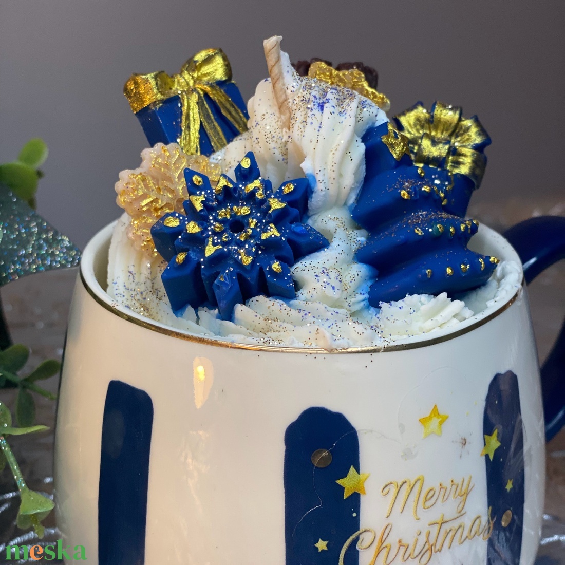 Kék bögrés karácsonyi desszert gyertya szójaviasz - otthon & életmód - gyertya, illat, aroma - gyertya - Meska.hu