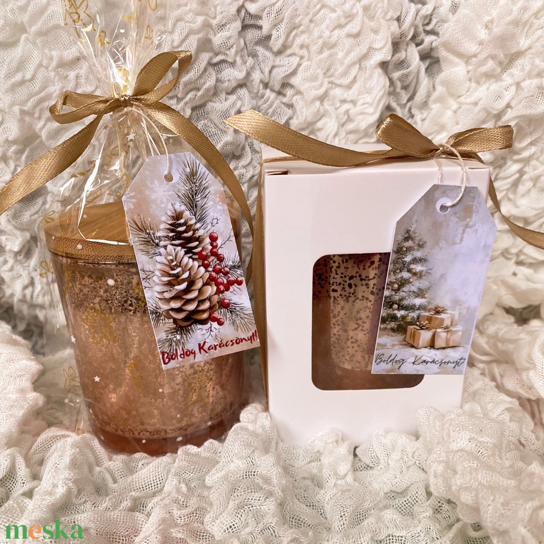 Rosegold Karácsonyi  szója gyertya  üvegben tetővel - otthon & életmód - gyertya, illat, aroma - gyertya - Meska.hu