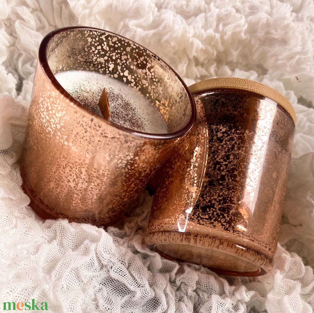 Rosegold Karácsonyi  szója gyertya  üvegben tetővel - otthon & életmód - gyertya, illat, aroma - gyertya - Meska.hu