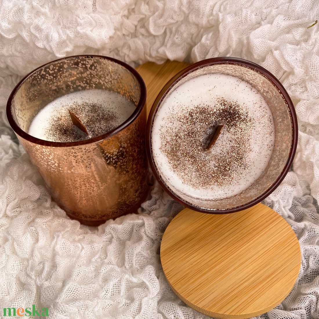 Rosegold Karácsonyi  szója gyertya  üvegben tetővel - otthon & életmód - gyertya, illat, aroma - gyertya - Meska.hu