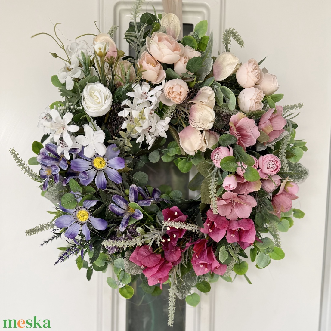 Színátmenetes tavaszi selyemvirágos ajtódísz kopogtató - otthon & életmód - dekoráció - ajtó- és ablak dekoráció - ajtódísz & kopogtató - Meska.hu