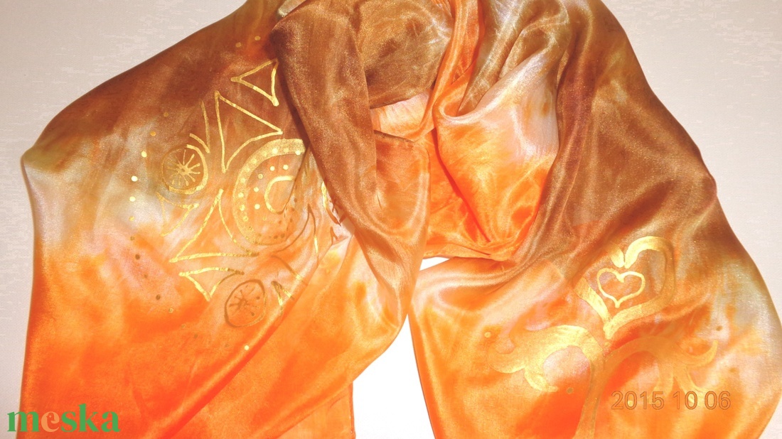 Csoki-narancs-karamell selyemsál, aranyszínű mintával - ruha & divat - sál, sapka, kendő - stóla - Meska.hu