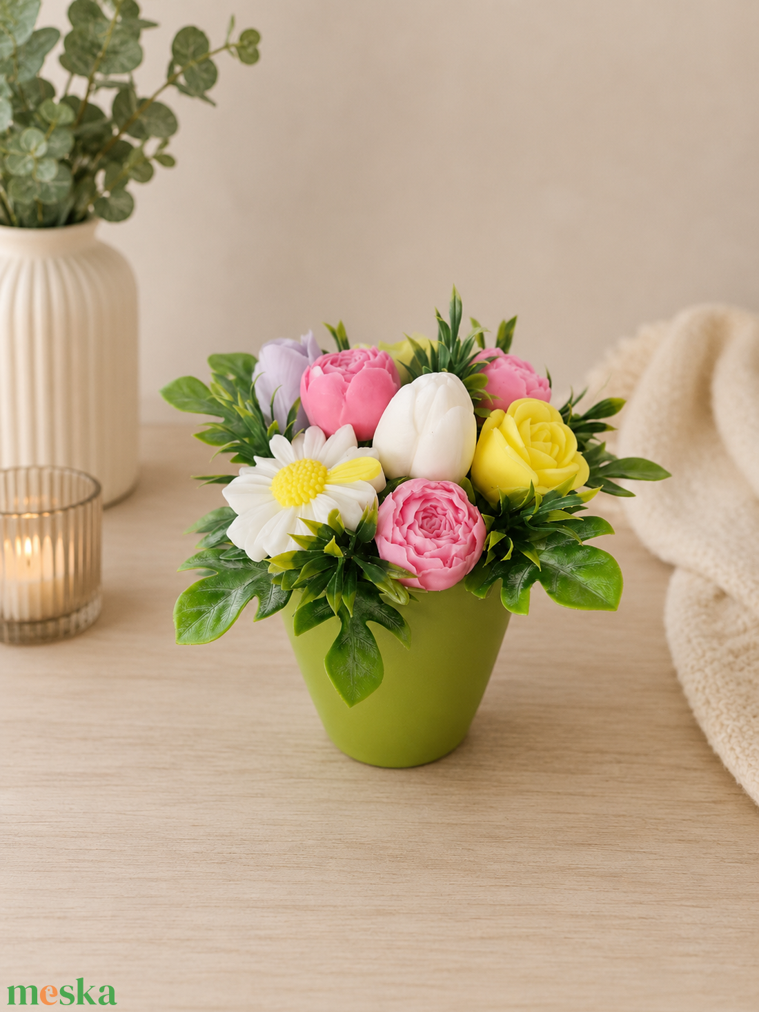 Tavaszi virágbox gyertyából � tulipános, margarétás dekoráció - otthon & életmód - gyertya, illat, aroma - gyertya - Meska.hu