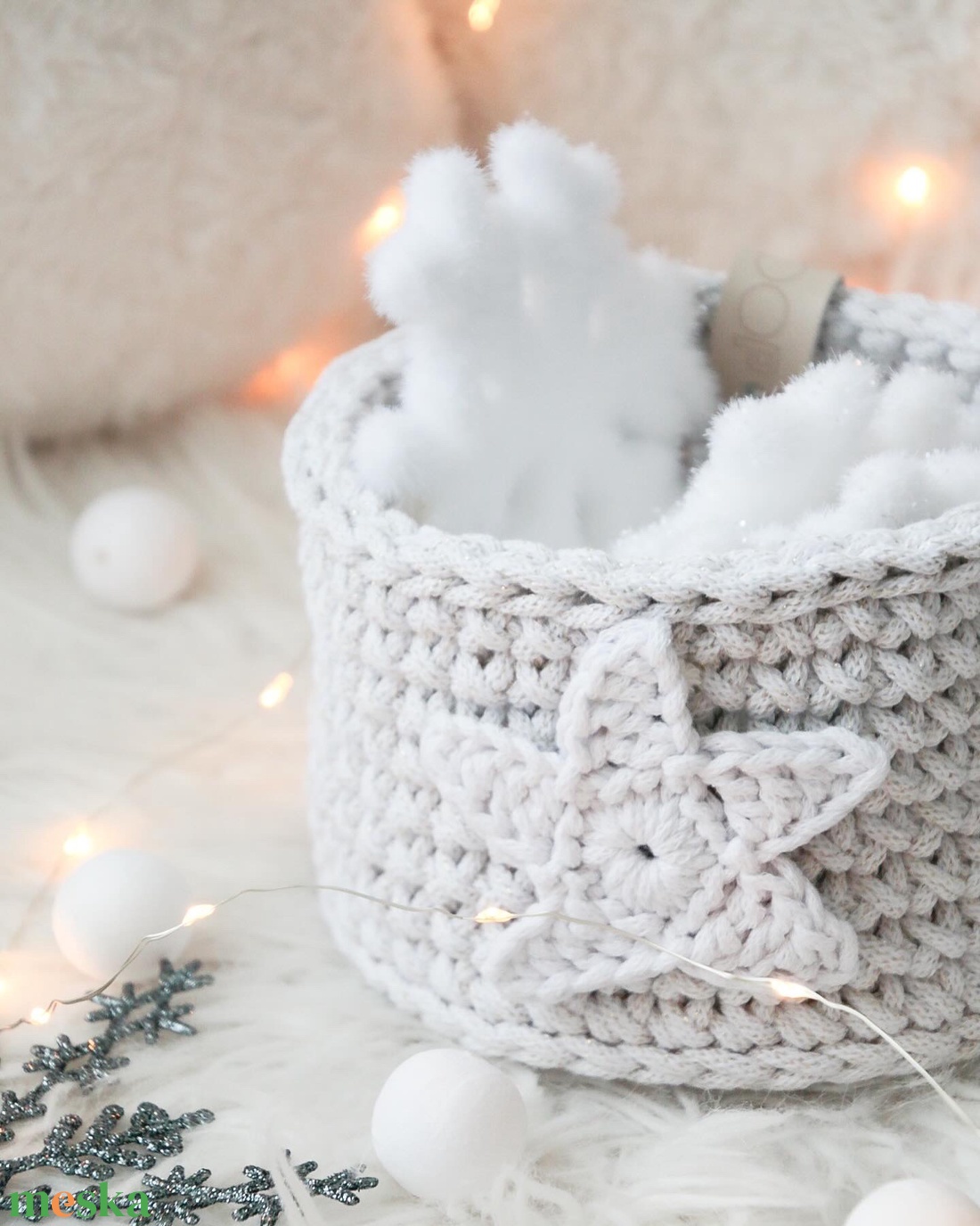 Horgolt tároló kosár csillag díszítéssel - otthon & életmód - tárolás & rendszerezés - tárolókosár - Meska.hu