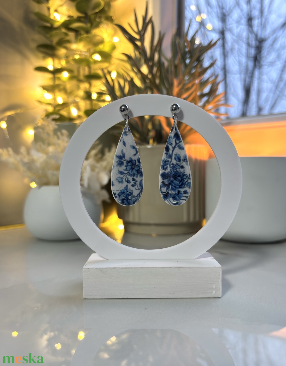 Lilian - Kék Virág Mintás Csepp Fülbevaló - ékszer - fülbevaló - lógó fülbevaló - Meska.hu