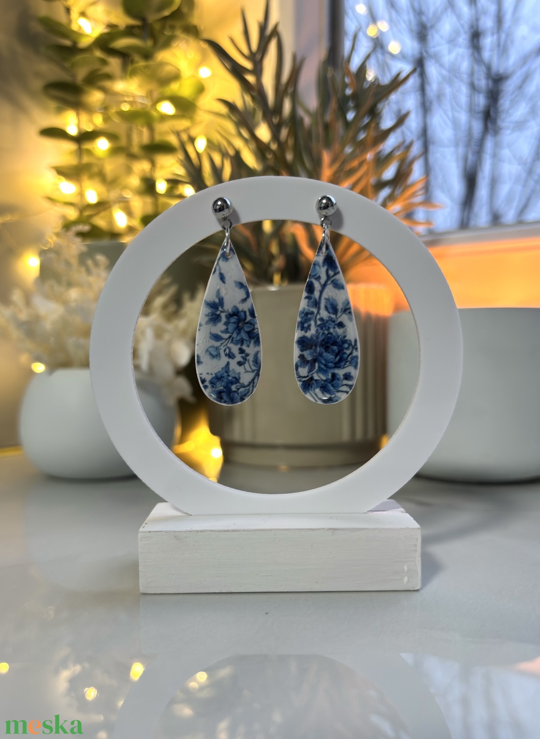 Lilian - Kék Virág Mintás Csepp Fülbevaló - ékszer - fülbevaló - lógó fülbevaló - Meska.hu