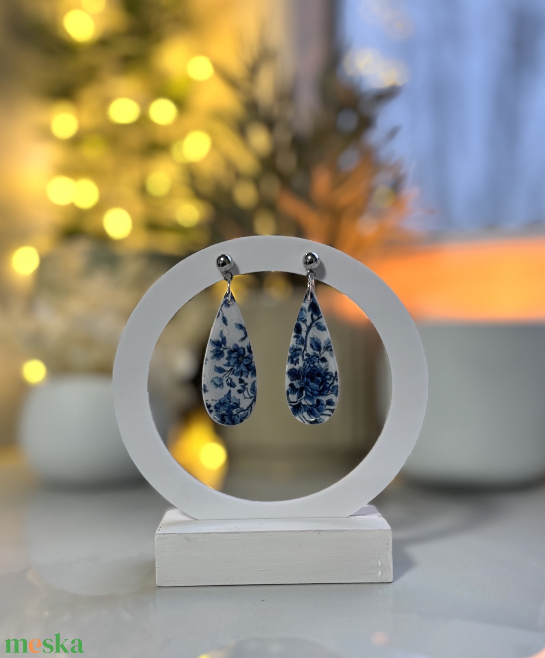Lilian - Kék Virág Mintás Csepp Fülbevaló - ékszer - fülbevaló - lógó fülbevaló - Meska.hu