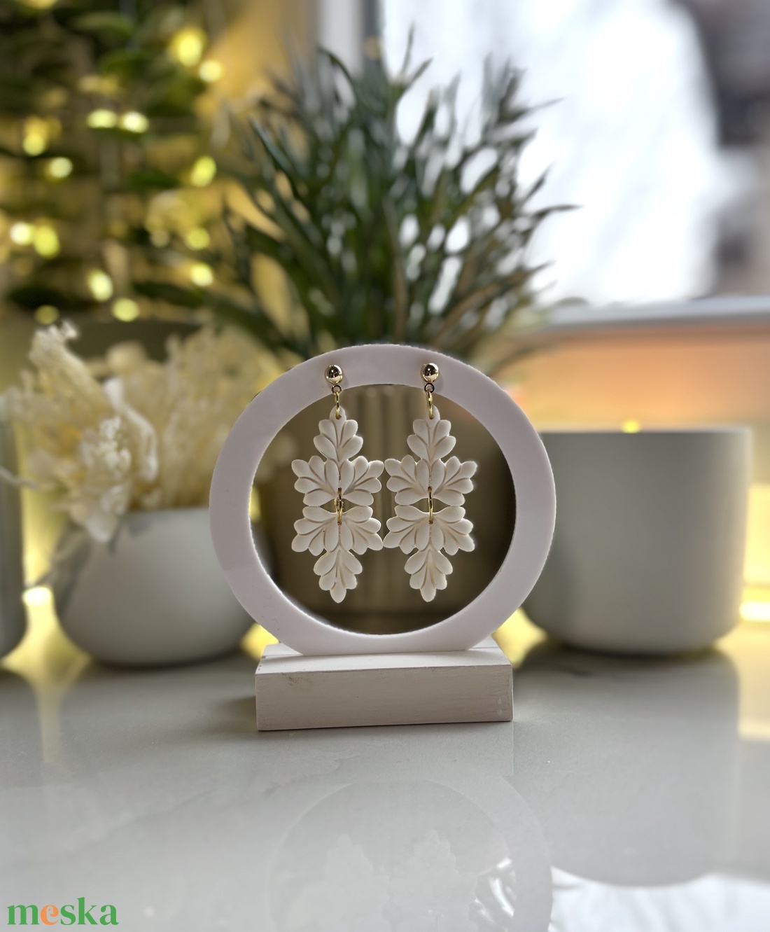 Viktória Hófehér Dupla Virág Fülbevaló - ékszer - fülbevaló - lógó fülbevaló - Meska.hu