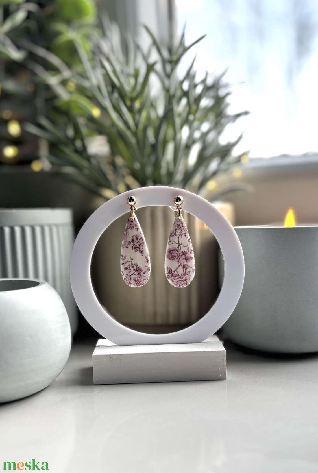 Katie - Rózsaszín Virág Mintázatú Csepp Fülbevaló - esküvő - ékszer - fülbevaló - Meska.hu