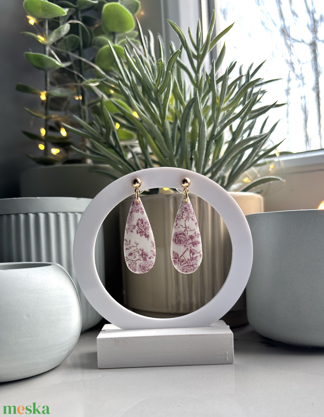 Katie - Rózsaszín Virág Mintázatú Csepp Fülbevaló - esküvő - ékszer - fülbevaló - Meska.hu