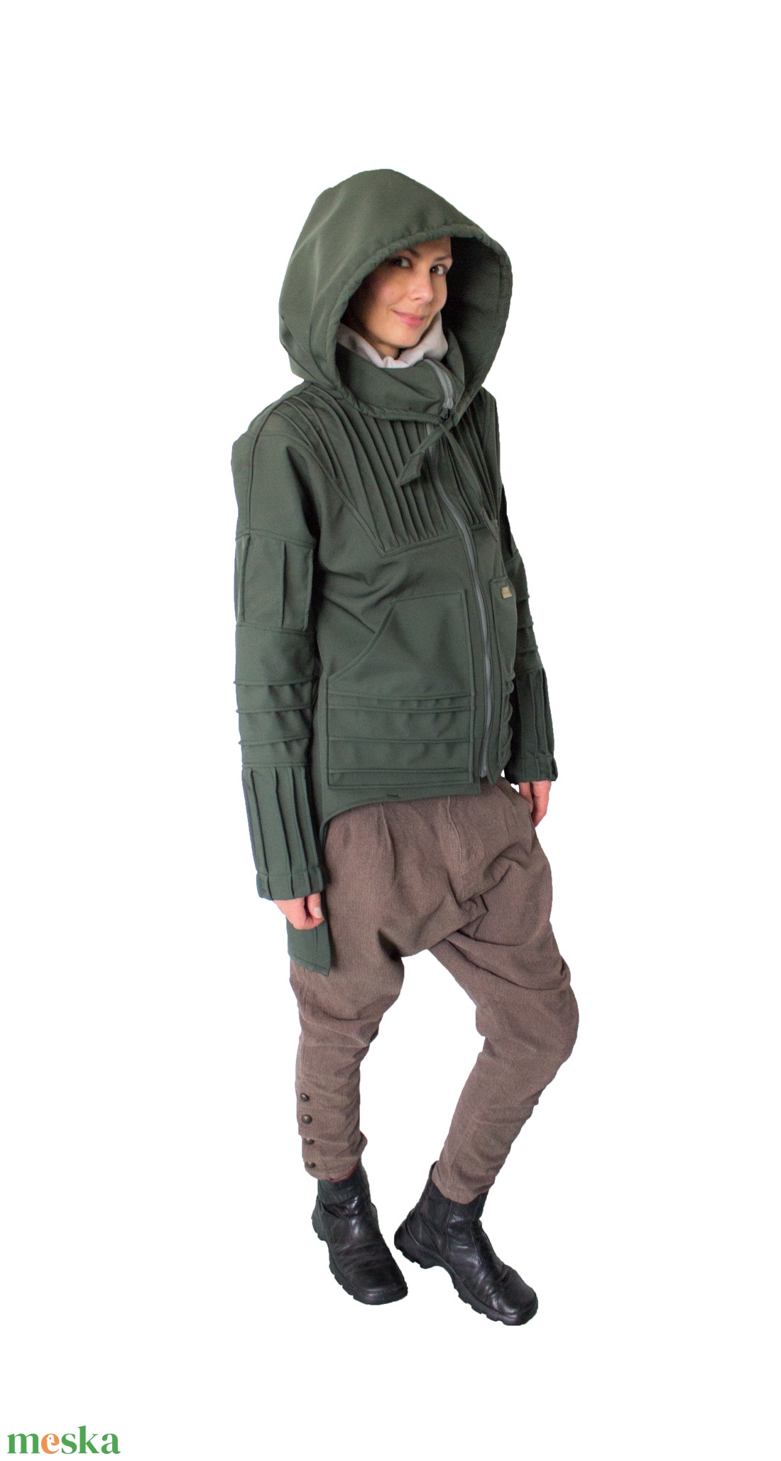 PostApocalyptic coat - aszimmetrikus aljú, vízlepergetős softshell, kapucnis, kenguruzsebes, tűzött, átmeneti női kabát - ruha & divat - női ruha - kabát - Meska.hu