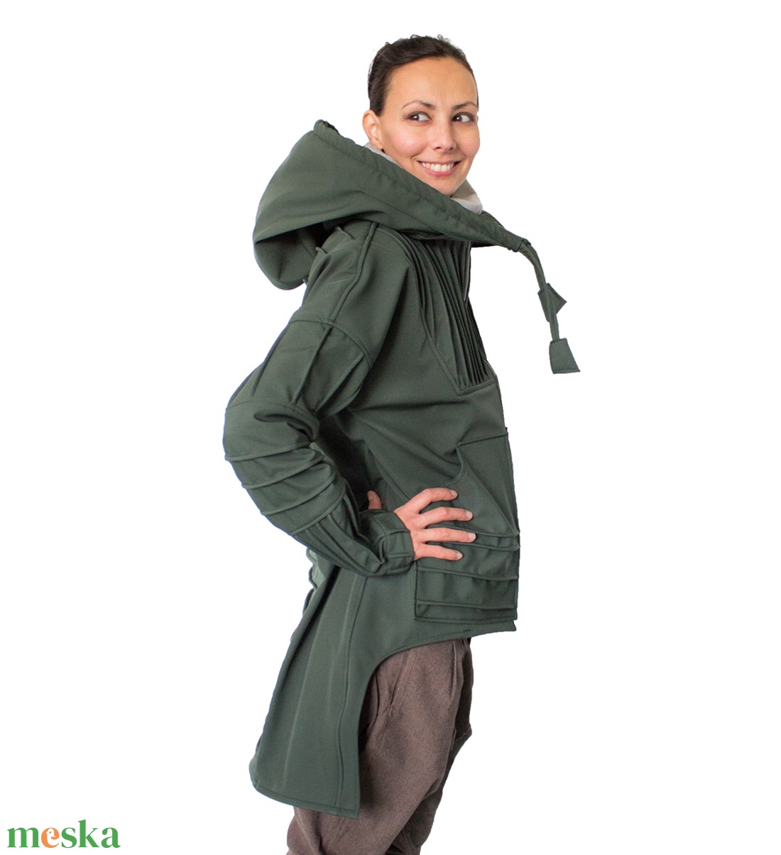PostApocalyptic coat - aszimmetrikus aljú, vízlepergetős softshell, kapucnis, kenguruzsebes, tűzött, átmeneti női kabát - ruha & divat - női ruha - kabát - Meska.hu