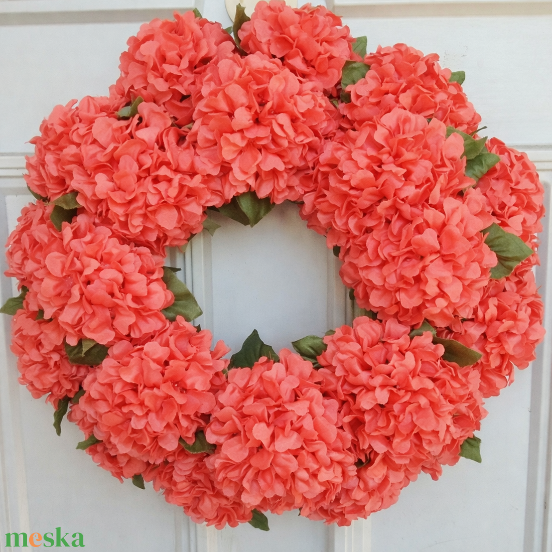 38 cm-Hortenzia ajtó koszorú korall - otthon & életmód - dekoráció - ajtó- és ablak dekoráció - ajtódísz & kopogtató - Meska.hu