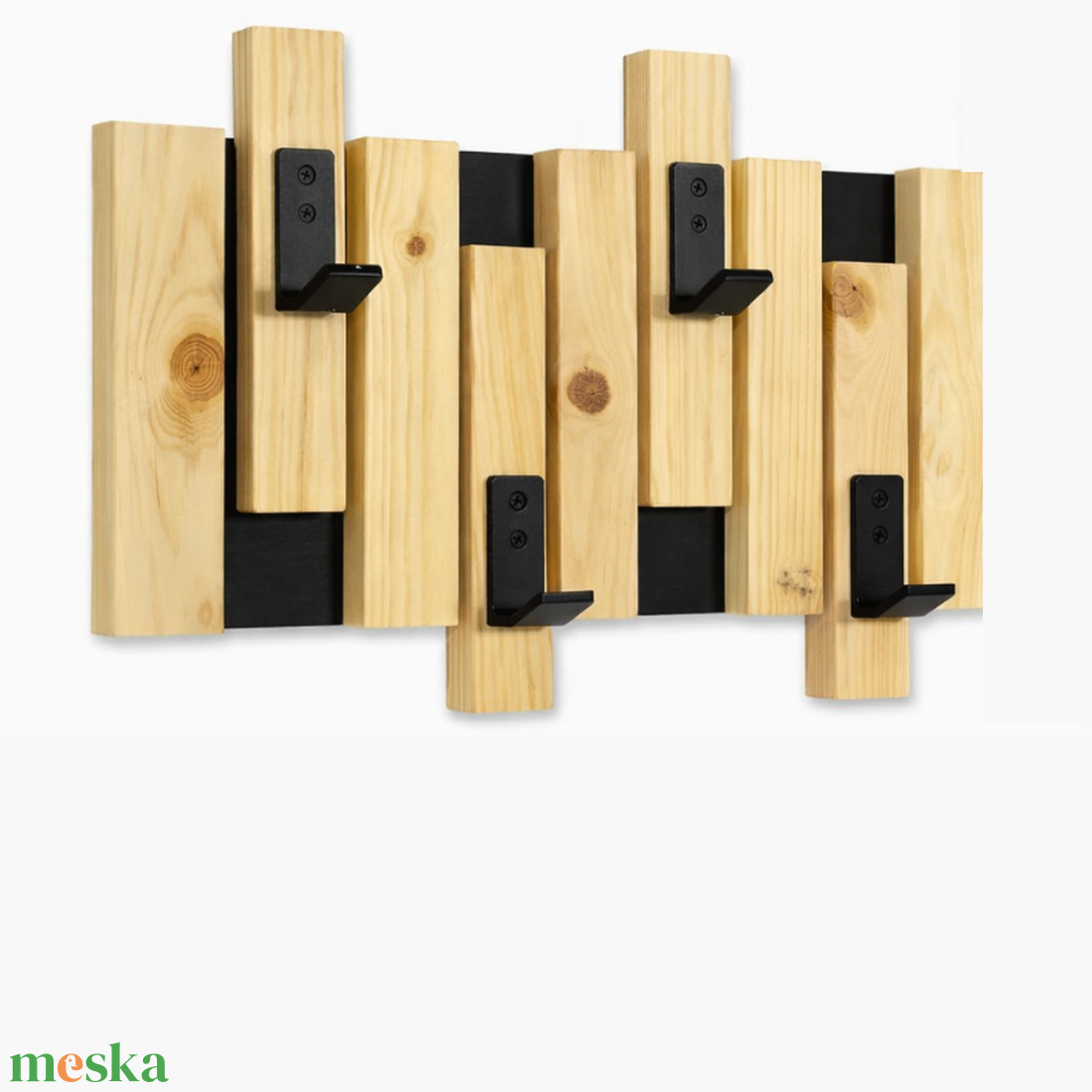 Nordic lamellás falifogas � natúr fenyő előszobafal panel fekete kampókkal - otthon & életmód - bútor - fogas - Meska.hu