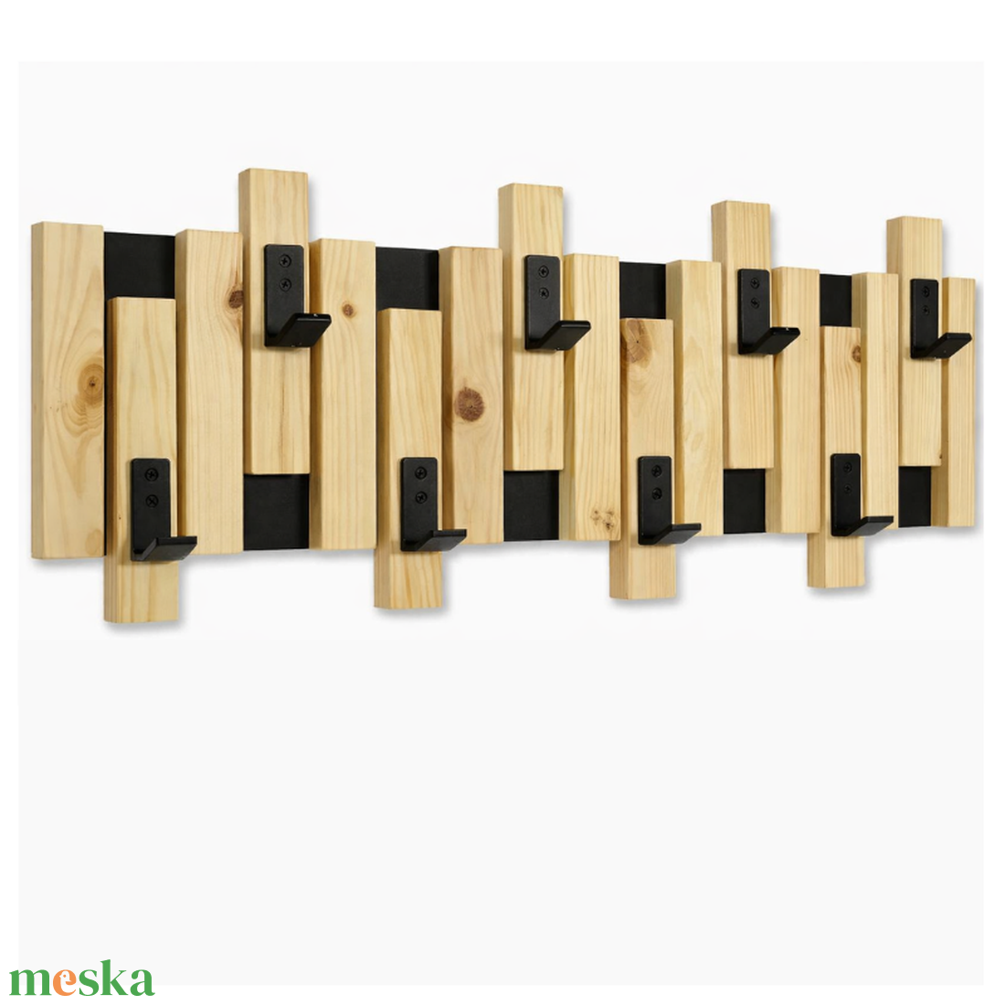 Nordic lamellás falifogas � natúr fenyő előszobafal panel fekete kampókkal - otthon & életmód - bútor - fogas - Meska.hu