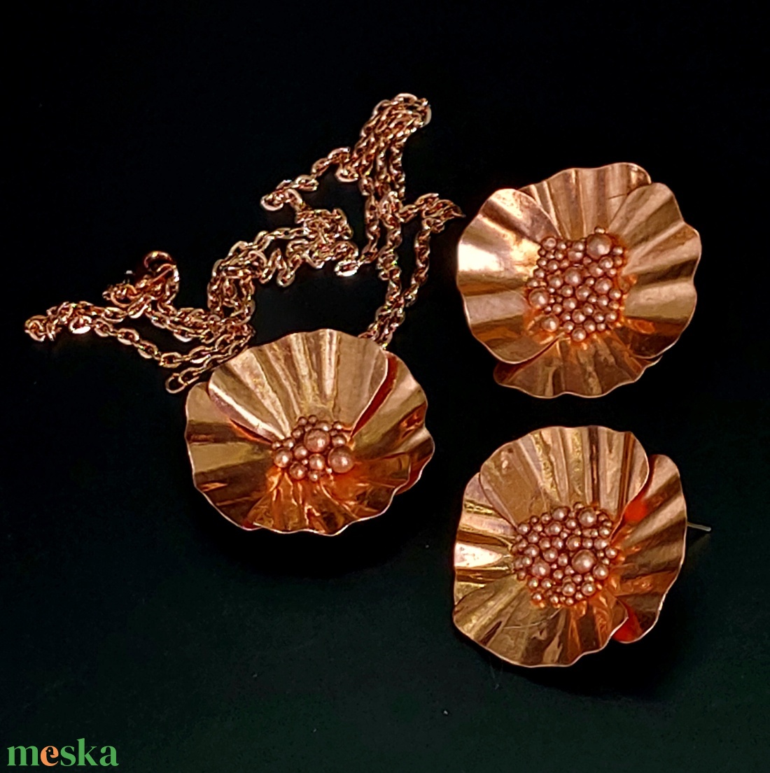 Pipacs fülbevaló és nyaklánc vörösrézből - ékszer - ékszerszett - Meska.hu