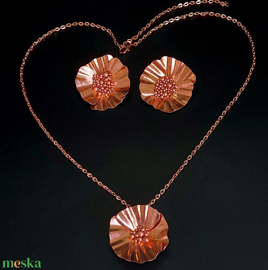 Pipacs fülbevaló és nyaklánc vörösrézből - ékszer - ékszerszett - Meska.hu