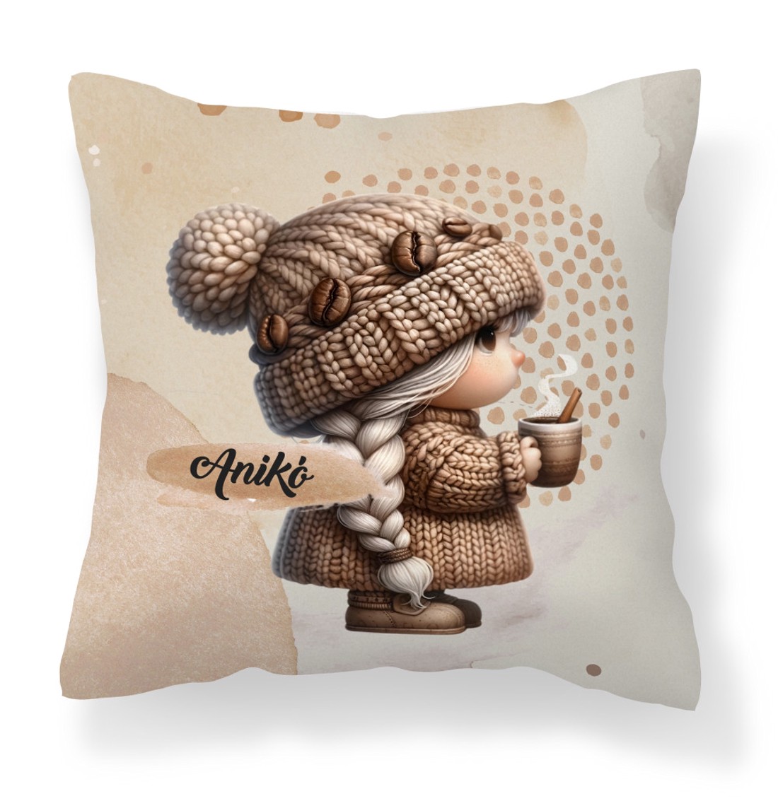 Névvel kérhető - Tündéri kávés manó lány mintás párna - otthon & életmód - lakástextil - párna & párnahuzat - díszpárna (belsővel együtt) - Meska.hu