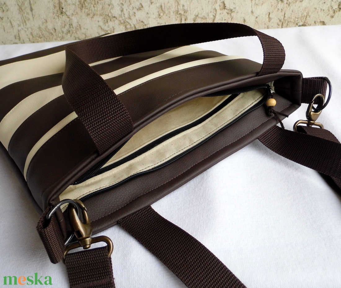 Csíkos női táska / barna-krém - táska & tok - kézitáska & válltáska - válltáska - Meska.hu