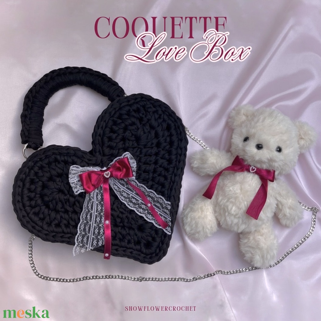 COQUETTE LOVE BOX - burgundi - Valentin napi csomag (horgolt táska+maci) - táska & tok - kézitáska & válltáska - kézitáska - Meska.hu