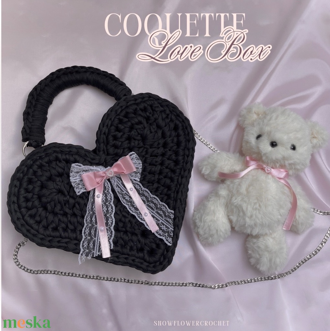 COQUETTE LOVE BOX - rózsaszín - Valentin napi csomag (horgolt táska+maci) - táska & tok - kézitáska & válltáska - kézitáska - Meska.hu