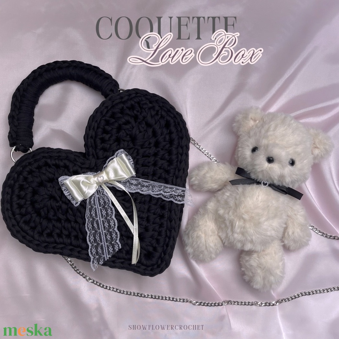 COQUETTE LOVE BOX - krémszín - Valentin napi csomag (horgolt táska+maci) - táska & tok - kézitáska & válltáska - kézitáska - Meska.hu