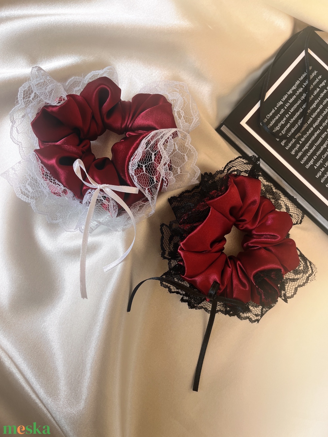 Selene Scrunchies - hajgumi,csipkével, szatén szalaggal - burgundy - ruha & divat - hajdísz & hajcsat - hajgumi - Meska.hu