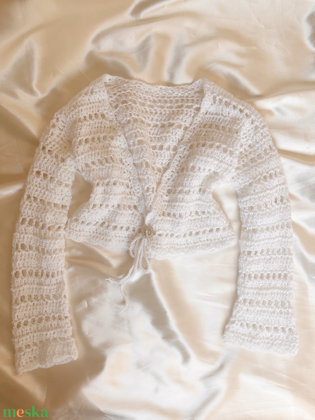 Eden Collection - Horgolt Bolero, fehér, coquette, vintage stílusú, csillogós fonalból, brossal - ruha & divat - női ruha - bolero - Meska.hu