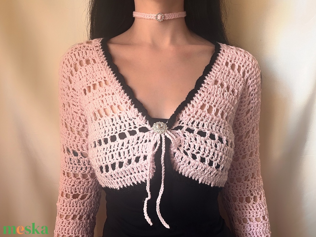 Eden Collection - Horgolt Bolero, rózsaszín, coquette, vintage stílusú, csillogós fonalból, brossal - ruha & divat - női ruha - bolero - Meska.hu